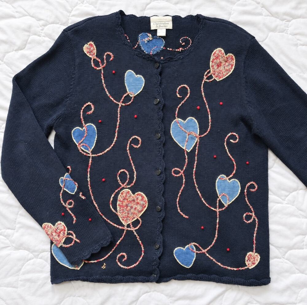 Vintage 2003 Christopher & Banks Heart Cardigan Hand Embroidered Y2K Sweater M